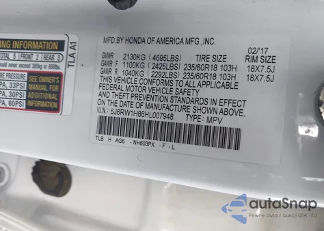 2017 Honda Cr-V Ex-L/Ex-L Navi from USA, damaged, VIN 5J6RW1H86HL007948